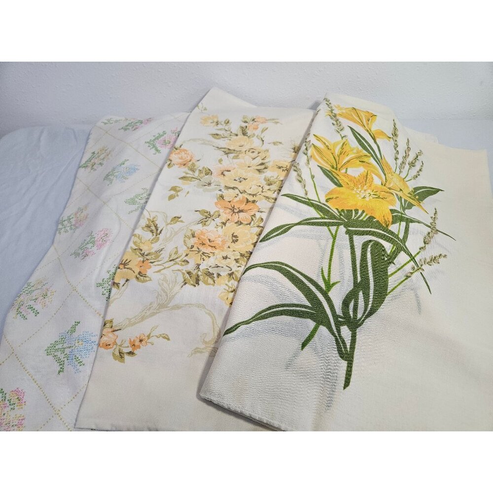 Yellow Floral Vintage Pillowcases, Bundle of 3 Mismatch Set